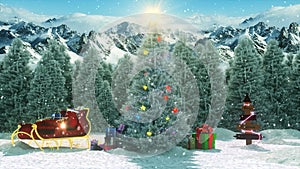 Christmas Xmas Tree by Day with Falling Snow - Looping Animation Fantasy Landscape Background