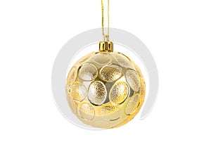 christmas yellow ball hanging on rope isolated on white background
