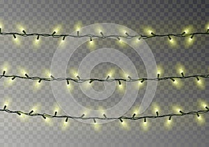 Christmas yellow lights string. Transparent effect decoration isolated on dark background. Realistic