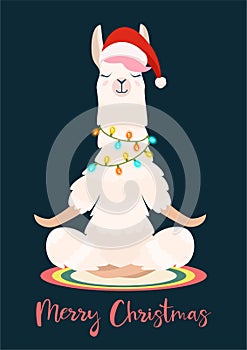 Christmas yoga llama meditates. Vector illustration. Funny festive greeting card.