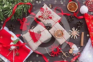 Zero waste Christmas , concept. Handmade gifts made of Kraft paper, thread and natural red felt.Surprise.Without plastic. DIY.