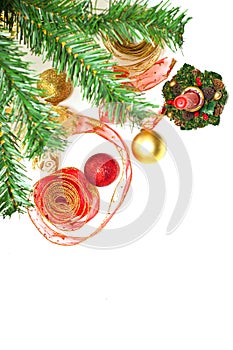 Christmass decorations next to a christmass tree