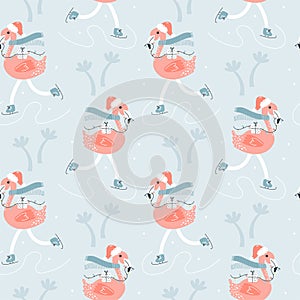 Christmass Flamingo seamless pattern. Vector Hand drawn illustration