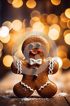 Christmass lights and gingerbread man. Christmass background. AI generative, illustration