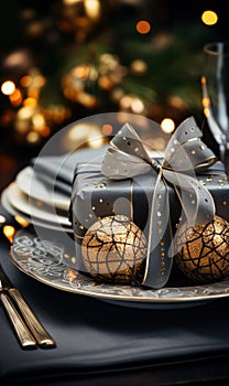 Christmass and New Year party table setting with winter holiday decorations