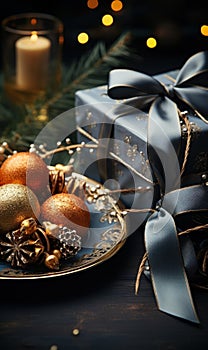 Christmass and New Year party table setting with winter holiday decorations