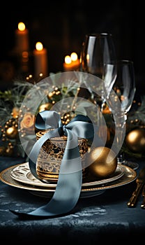 Christmass and New Year party table setting with winter holiday decorations