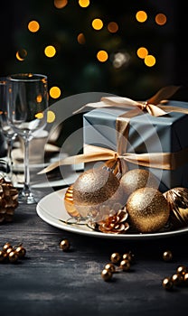 Christmass and New Year party table setting with winter holiday decorations