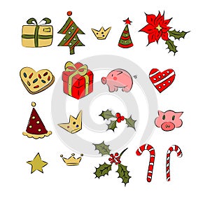 Christmass set of patch logo, omela, gift, pig, cookies