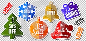 Christmass Stickers with outline and shadows - Sale tags - Banner price and discount labels - Vector