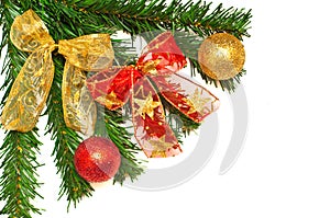 Christmass tree branches, balls and ribbons photo