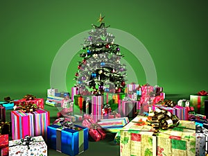 Christmass tree with several gifts, at the green background. photo