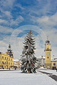 Christmass tree in Square of Slovak nation uprising in Banska Bystrica during winter