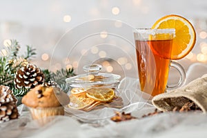Christmassy table with tea glass photo