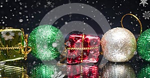 Christmast background theme . Christmas snow and gift box.  Bright seasonal Winter holiday composition.
