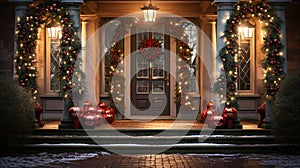 Christmasy Front Door and Porch of A House on A Winter Evening