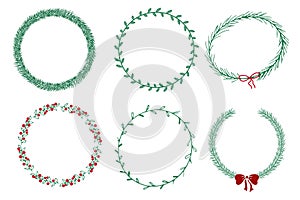 Christnas greenery garland, circle frame with bow, berries,leaves in doodle style isolated on white background. Simple