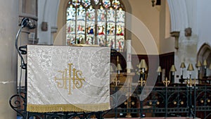 Christogram IHS on Pulpit Cloth in Gothic English Church