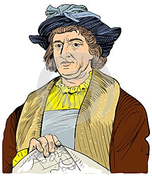 Christopher Columbus portrait in line art illustration