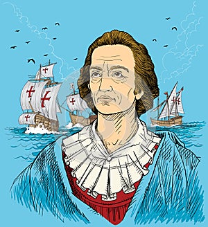 Christopher Columbus portrait in line art illustration