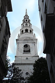 The Christopher Wren designed steeple of St Bride's Church in London, UK photo