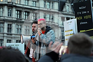 Christopher Wylie, a former director of research at Cambridge Analytica, addresses the crowd at the Fair Vote rally