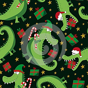 Chritmas alligator, crocodile seamless pattern. Cartoon funny alligator in Santa hat and with gift box and cany cane.