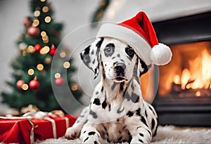 Chritmas scene - A cute dalmatian puppy with a Santa Claus hat - AI generated