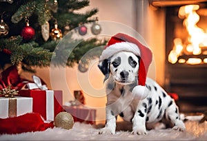 Chritmas scene - A cute dalmatian puppy with a Santa Claus hat - AI generated