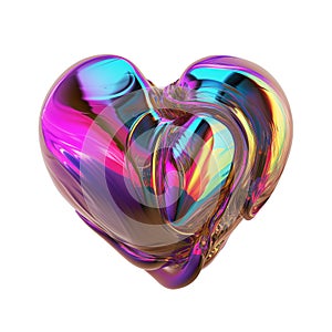 Chromatic metallic amorphous fluid heart shape, element on white background