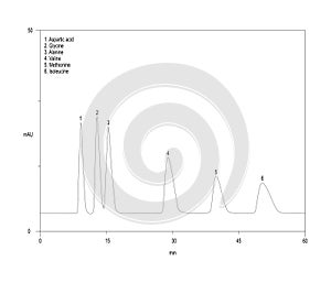 Chromatogram of amino acids, aspartic acid, glycine, alanine, valine, methionine, isoleucine