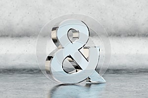 Chrome 3d ampersand symbol. Glossy chrome sign on scratched metal background. 3d rendered font character.