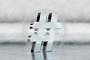 Chrome 3d hashtag symbol. Glossy chrome sign on scratched metal background. 3d rendered font character.