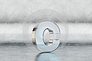 Chrome 3d letter C lowercase. Glossy chrome letter on scratched metal background. 3d rendered font character.