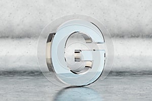 Chrome 3d letter G uppercase. Glossy chrome letter on scratched metal background. 3d rendered font character.