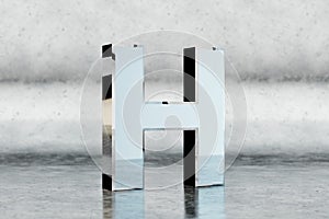 Chrome 3d letter H uppercase. Glossy chrome letter on scratched metal background. 3d rendered font character.