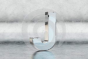 Chrome 3d letter J uppercase. Glossy chrome letter on scratched metal background. 3d rendered font character.