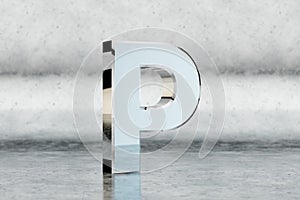 Chrome 3d letter P uppercase. Glossy chrome letter on scratched metal background. 3d rendered font character.