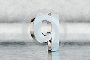 Chrome 3d letter Q lowercase. Glossy chrome letter on scratched metal background. 3d rendered font character.