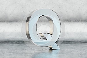 Chrome 3d letter Q uppercase. Glossy chrome letter on scratched metal background. 3d rendered font character.