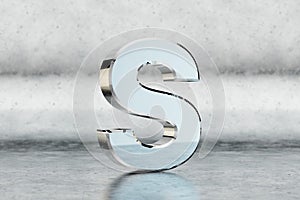 Chrome 3d letter S uppercase. Glossy chrome letter on scratched metal background. 3d rendered font character.