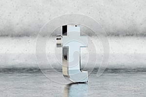 Chrome 3d letter T lowercase. Glossy chrome letter on scratched metal background. 3d rendered font character.