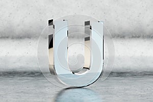 Chrome 3d letter U uppercase. Glossy chrome letter on scratched metal background. 3d rendered font character.