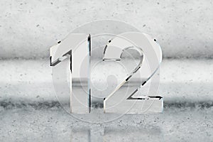 Chrome 3d number 12. Glossy chrome number on scratched metal background. 3d render