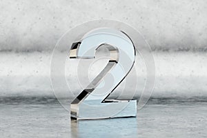 Chrome 3d number 2. Glossy chrome number on scratched metal background. 3d rendered font character.