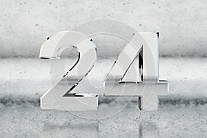 Chrome 3d number 24. Glossy chrome number on scratched metal background. 3d render