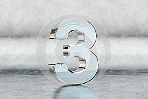 Chrome 3d number 3. Glossy chrome number on scratched metal background. 3d rendered font character.