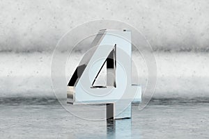 Chrome 3d number 4. Glossy chrome number on scratched metal background. 3d rendered font character.