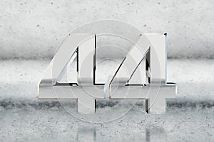 Chrome 3d number 44. Glossy chrome number on scratched metal background. 3d render