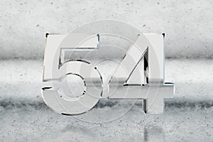 Chrome 3d number 54. Glossy chrome number on scratched metal background. 3d render